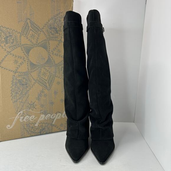New Free People Felicity Foldover Suede Pull On Boot Black Women's 9.5 NWB - Picture 2 of 11